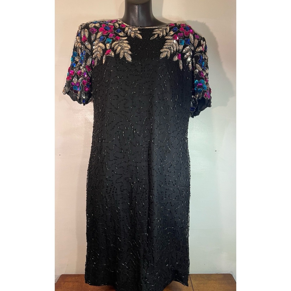 Vtg 80s Stenay Cocktail Dress Party Floral Black Gatsby Mod Silk W/poly Line S10